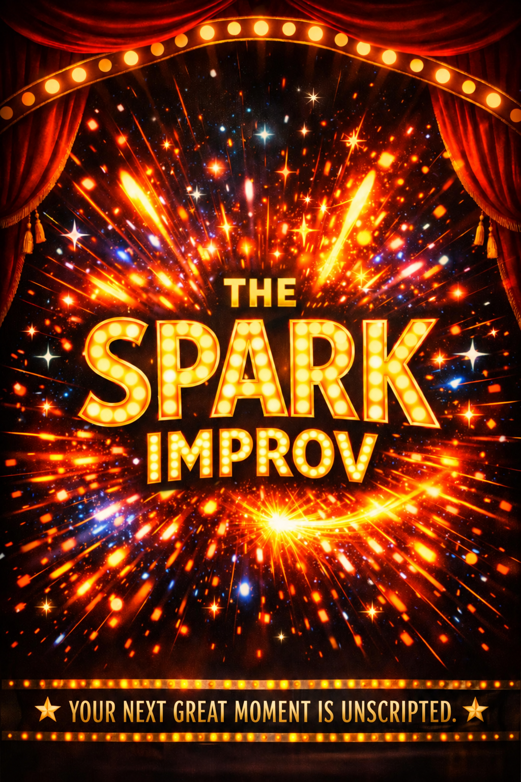 The Spark Improv theater poster with golden marquee letters, red curtains, sparks, and the tagline Your next great moment is unscripted.